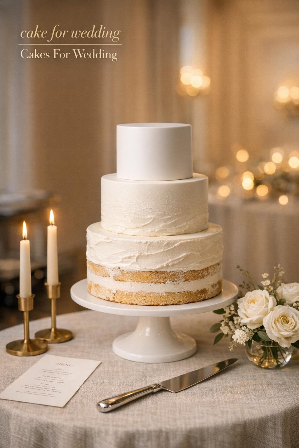 Cake for wedding on minimalist pedestal with fondant and buttercream tiers, candles, roses, and warm reception glow.