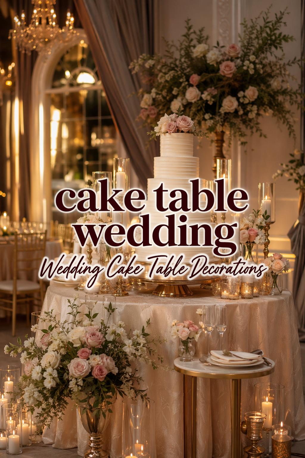 Cake table wedding reception with elegant wedding cake, candles, and floral decor in a romantic ballroom
