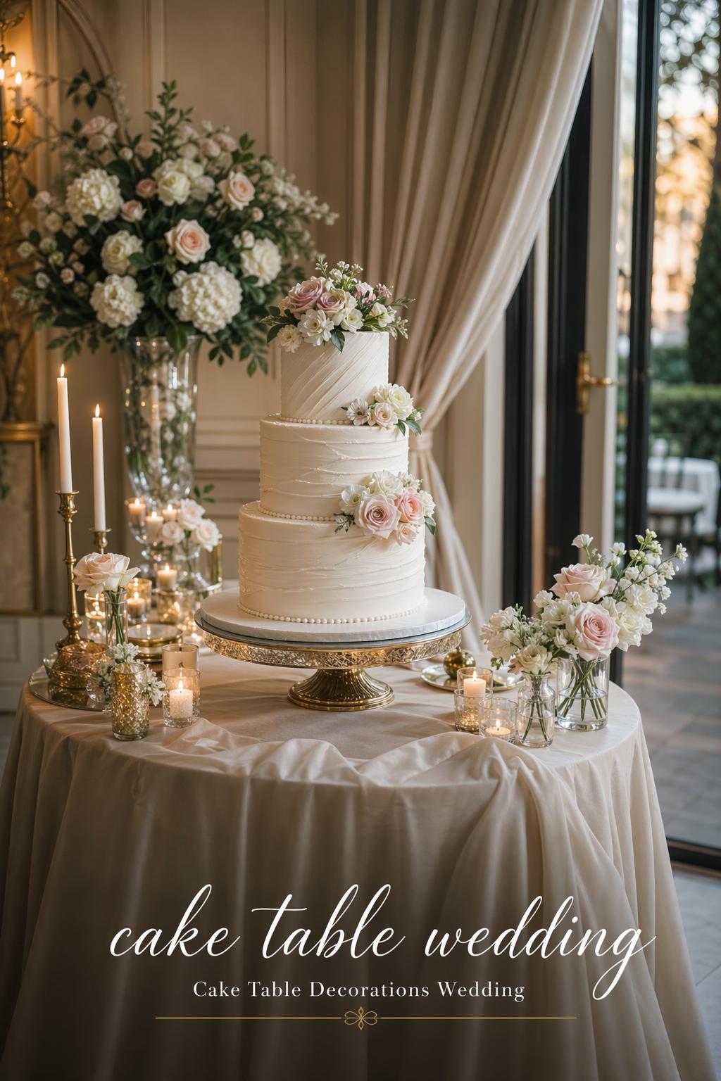 Elegant cake table wedding display with candles, florals, and a luxury reception backdrop