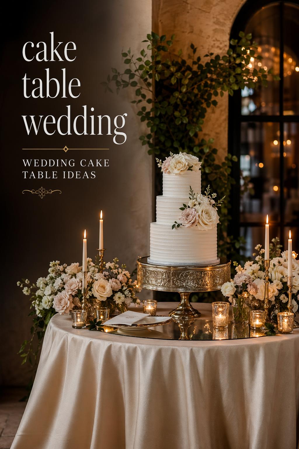 Elegant cake table wedding reception display with candles, florals, and luxury ballroom styling