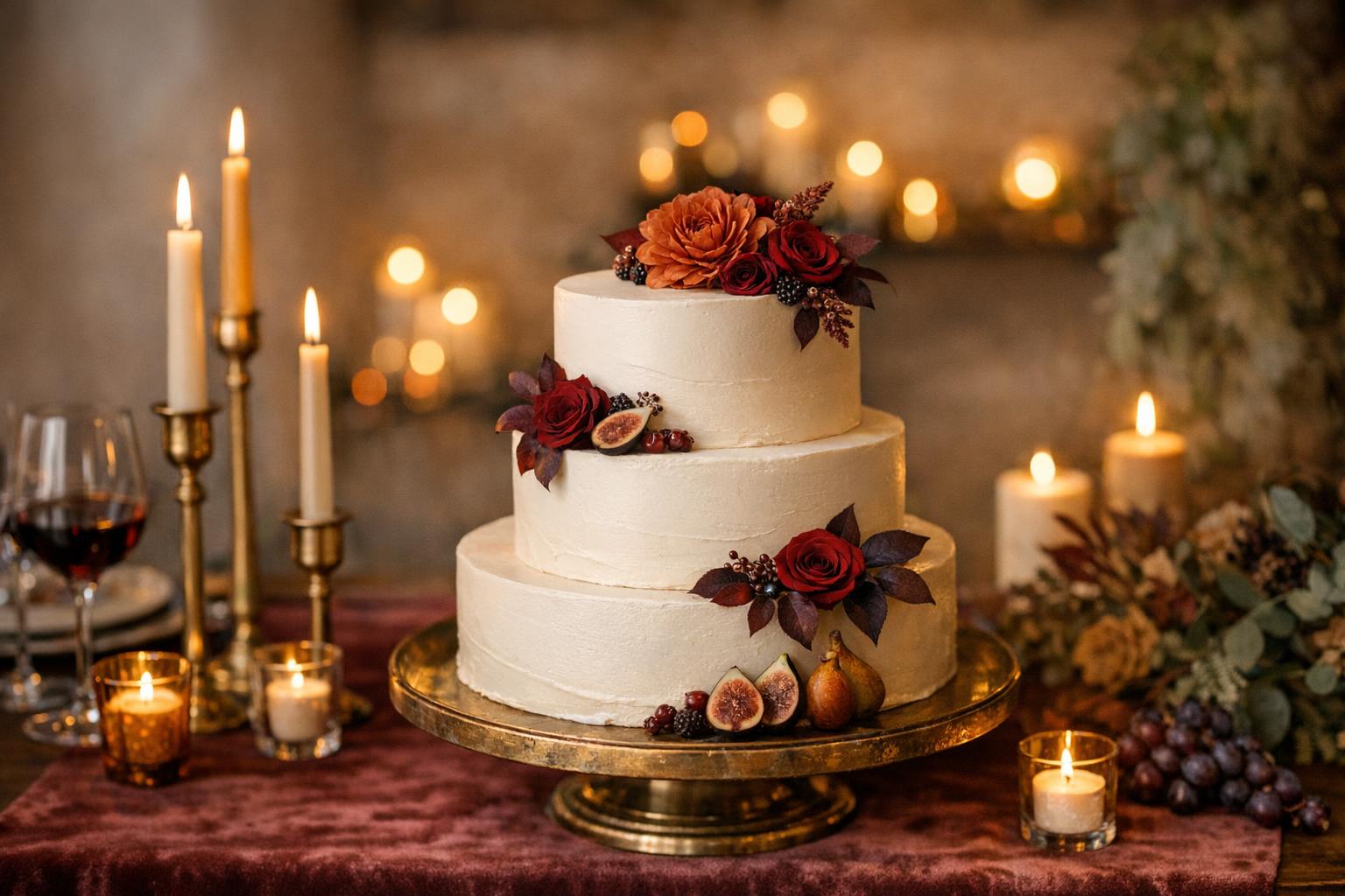 Elegant fall wedding cake in burgundy tones with subtle florals, photographed in warm candlelit reception light