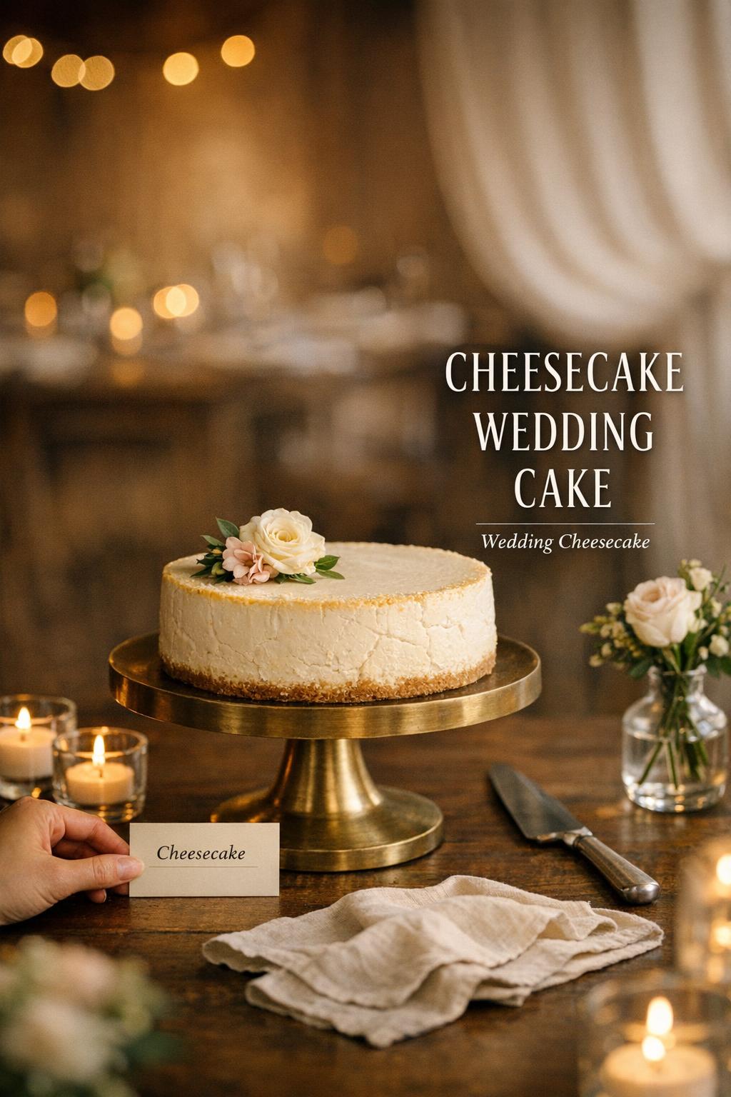 Cheesecake wedding cake on elevated stand with blush flowers, moody reception dessert table and soft bokeh lights