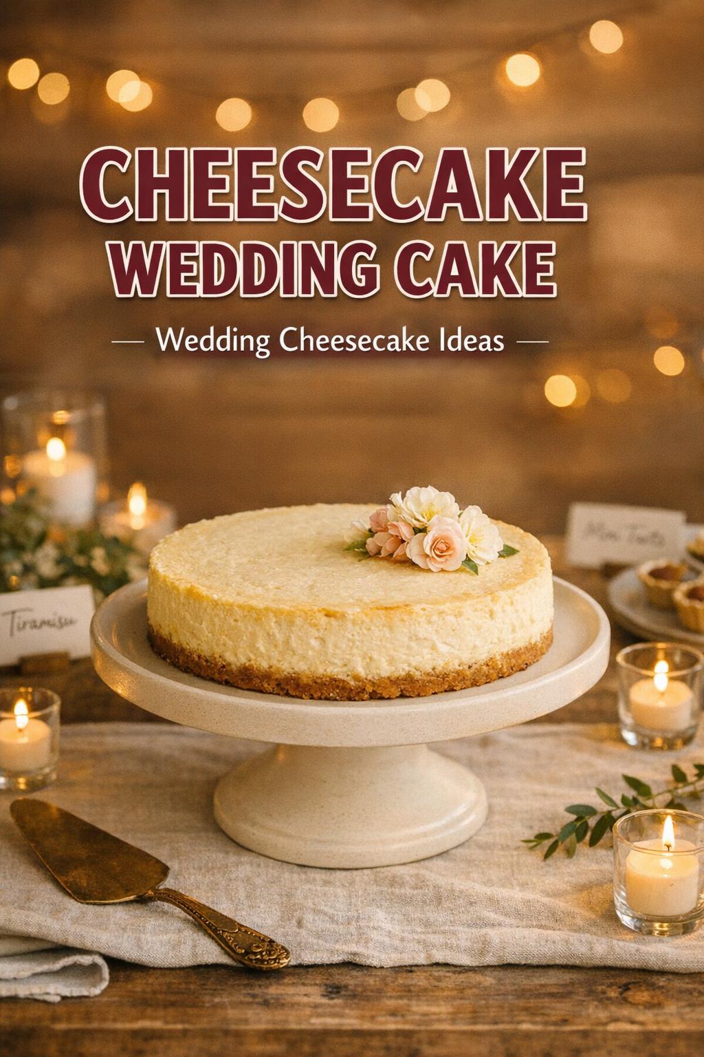 Cheesecake wedding cake on ivory stand with edible flowers on a warm golden-hour wedding dessert table