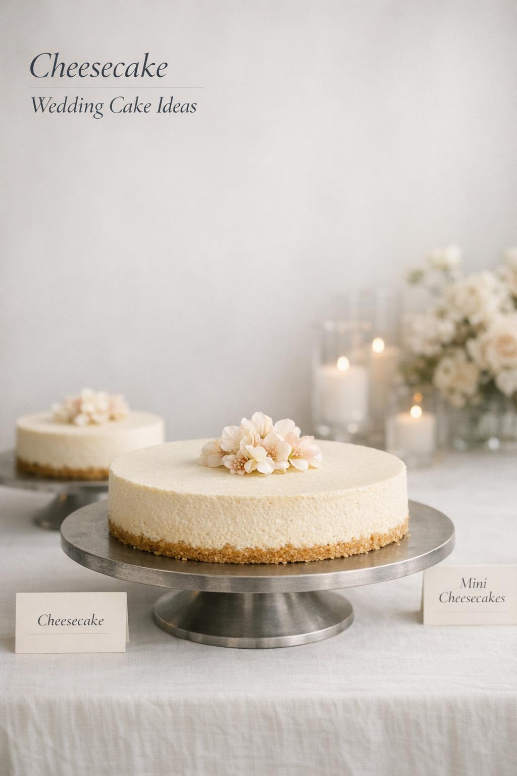 Cheesecake wedding cake on matte stone stand with minimal flowers, label cards, and soft wedding reception table backdrop