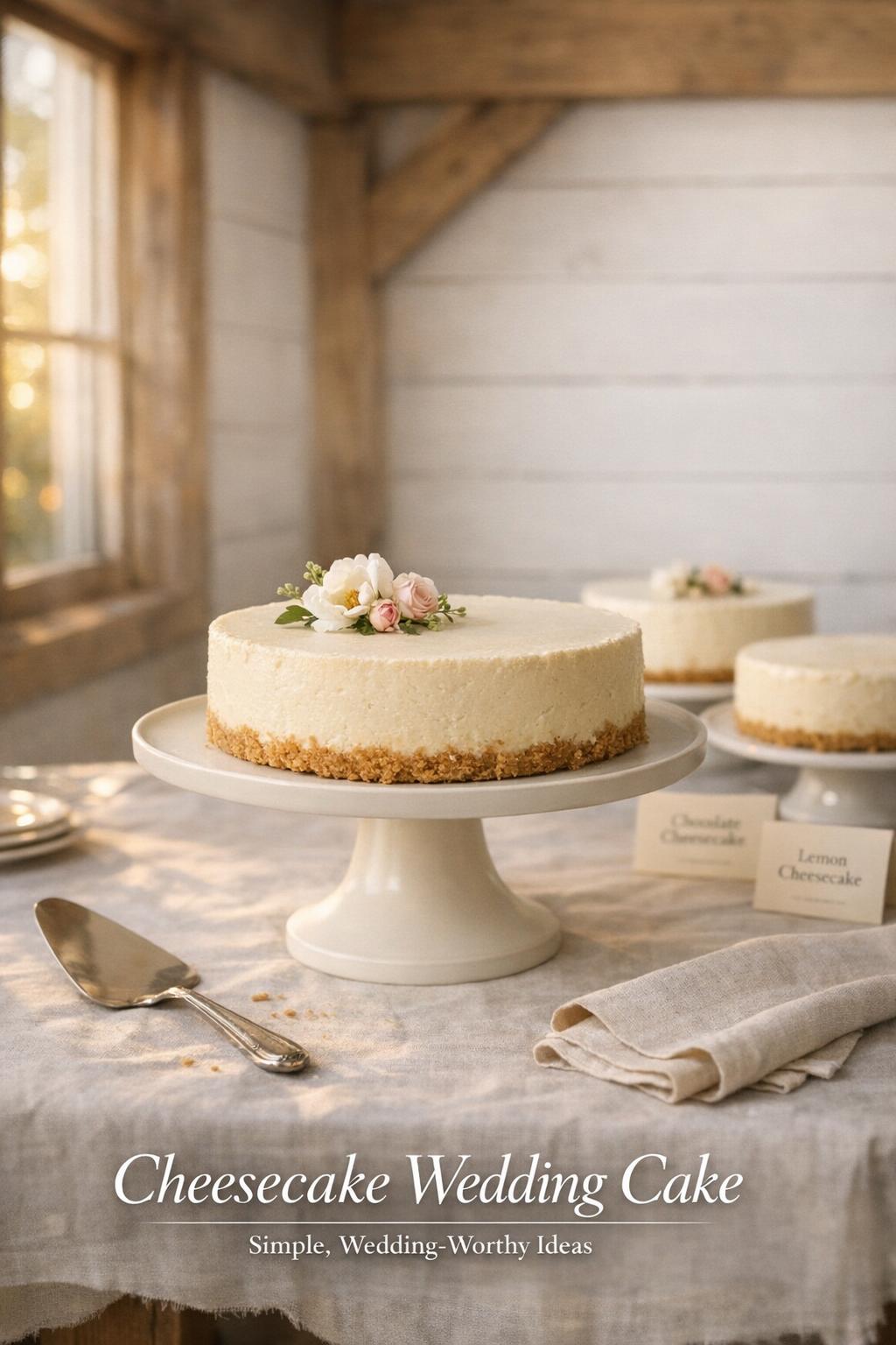 Cheesecake wedding cake on an ivory stand at a rustic reception dessert table with soft golden-hour window light