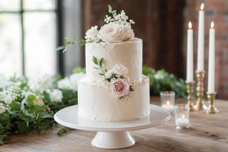 Elegant two tier wedding cake with smooth buttercream and fresh white flowers on a styled dessert table