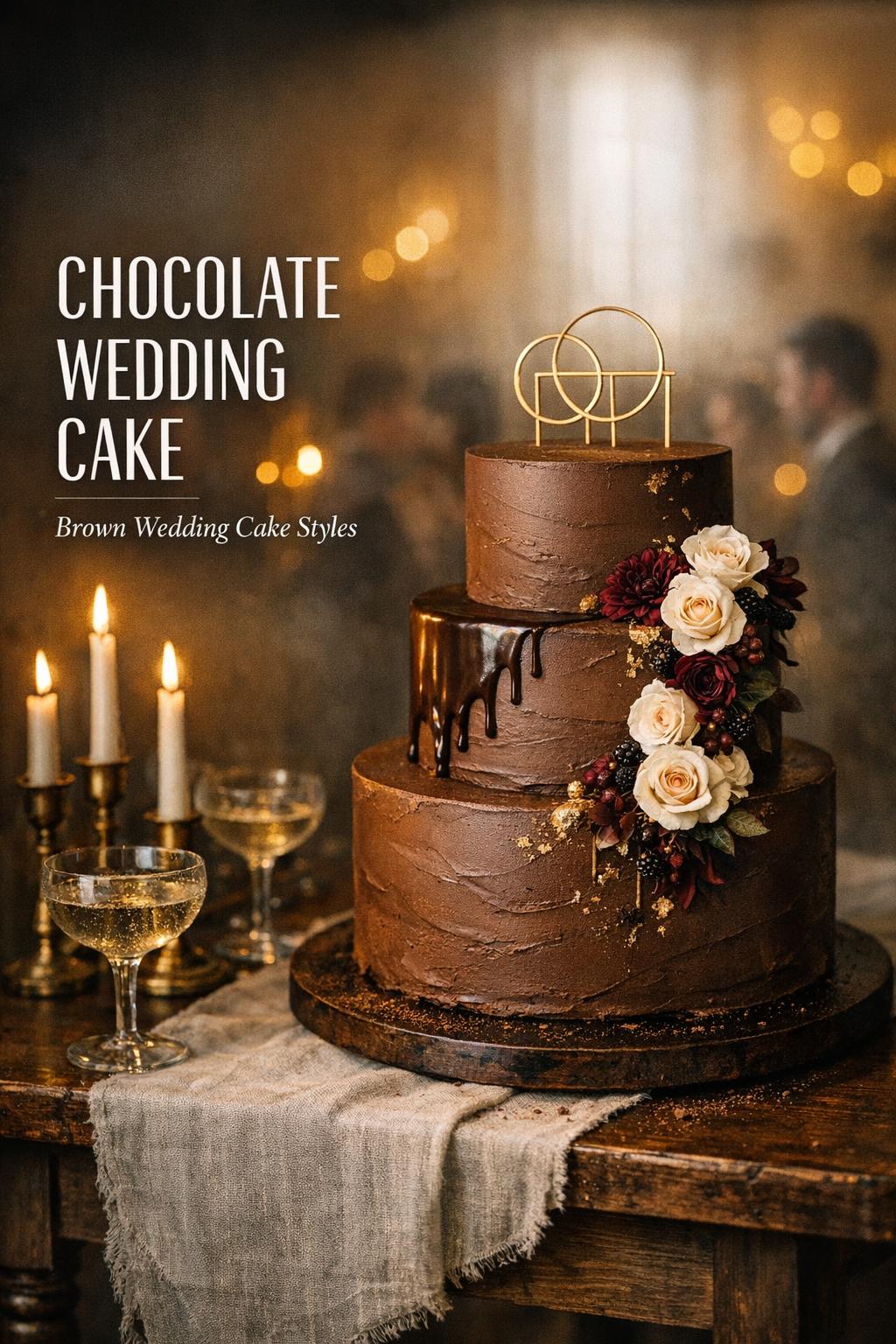 Chocolate wedding cake on dark wood table with candles, gold accents, and ivory-burgundy florals in moody ballroom light