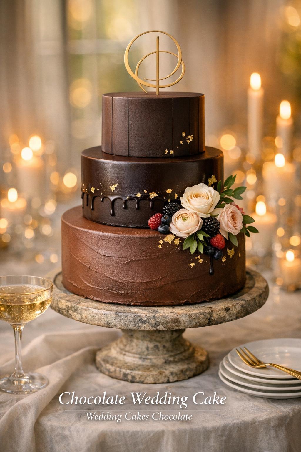 Chocolate wedding cake with gold leaf, florals and candlelit ballroom backdrop, editorial wedding reception dessert