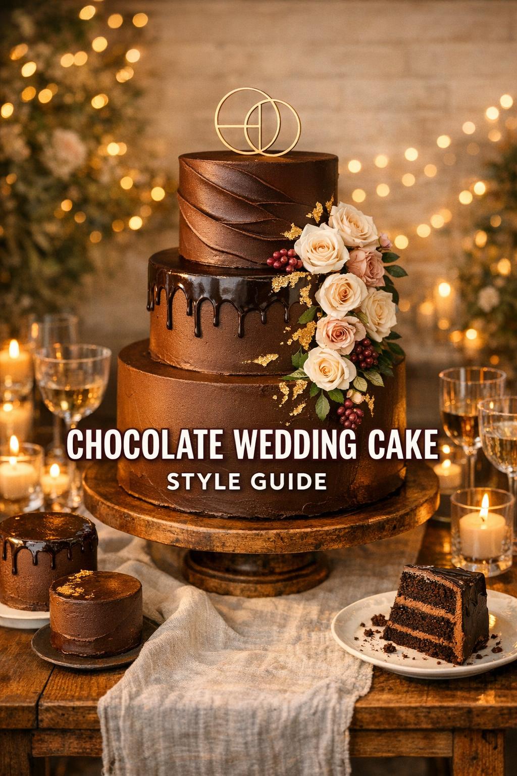 Chocolate wedding cake on rustic wood table with candlelight, florals, and warm bokeh lights at golden-hour reception