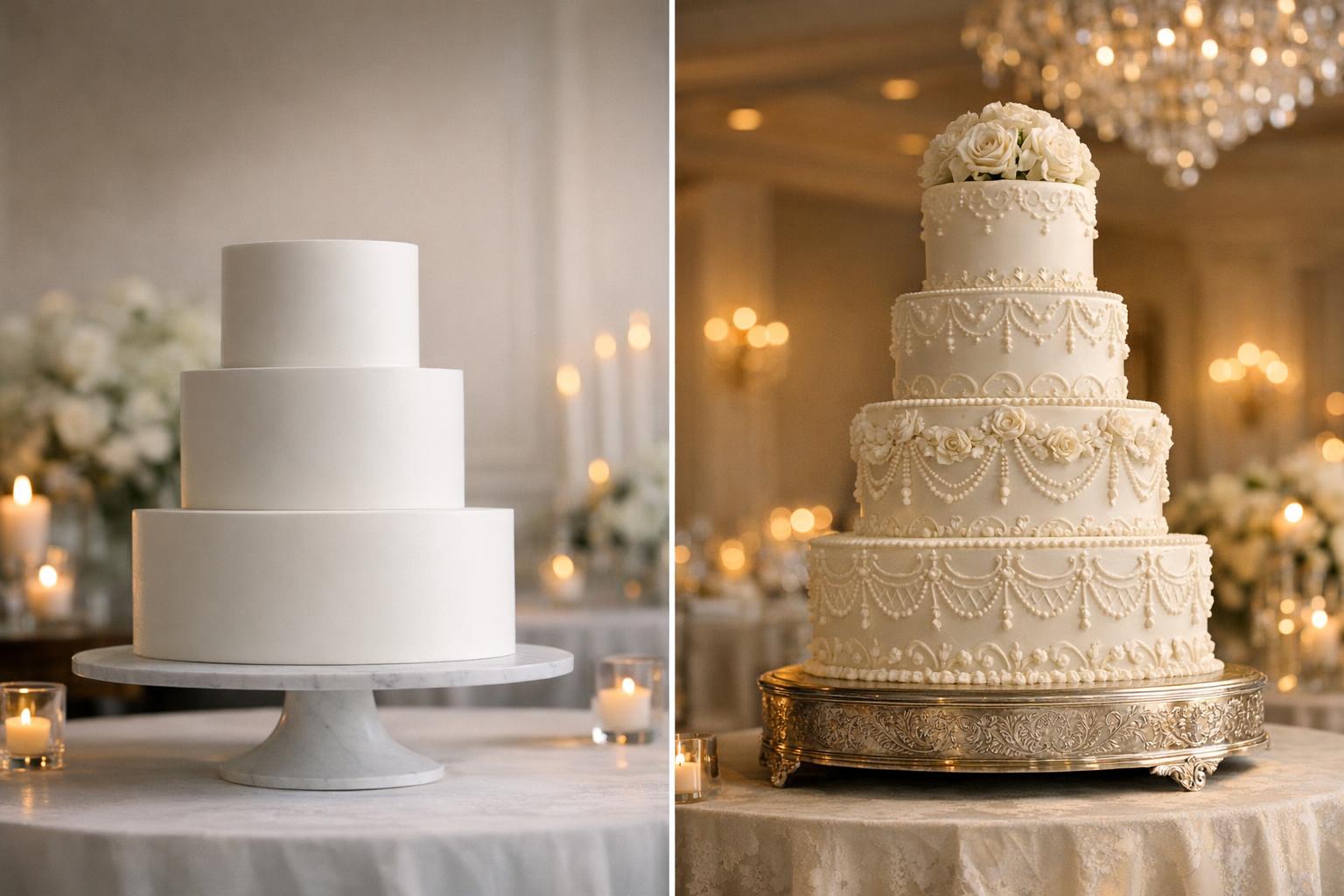 Classic wedding cake with smooth white tiers and subtle detailing on a minimalist cake table under warm reception lighting