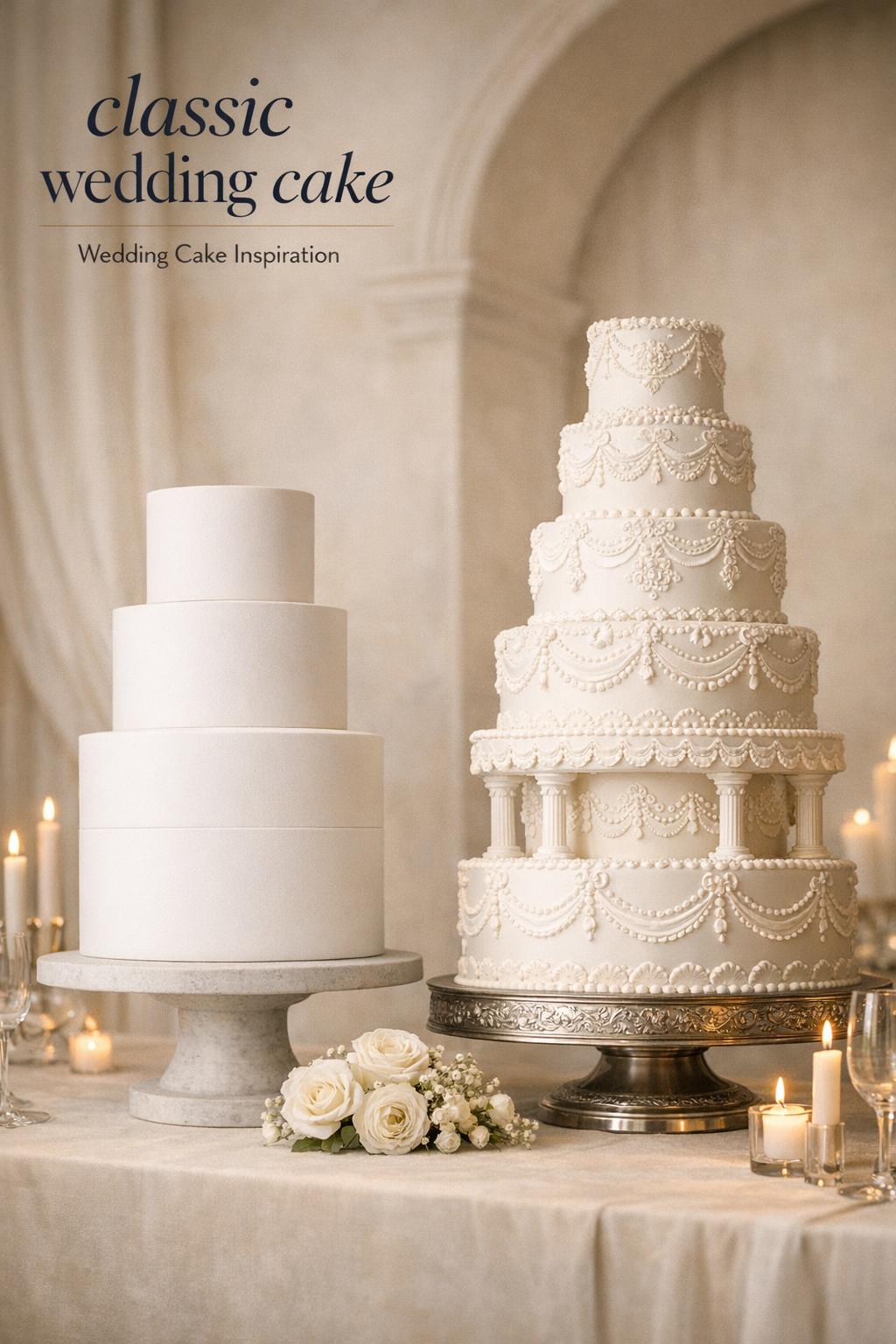 Classic wedding cake styles side by side in candlelit reception, modern minimal tiered cake and ornate piped classic wedding cake