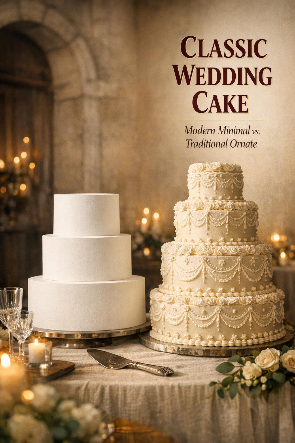 Classic wedding cake comparison: modern minimal and traditional ornate tiers on a candlelit reception table with text overlay