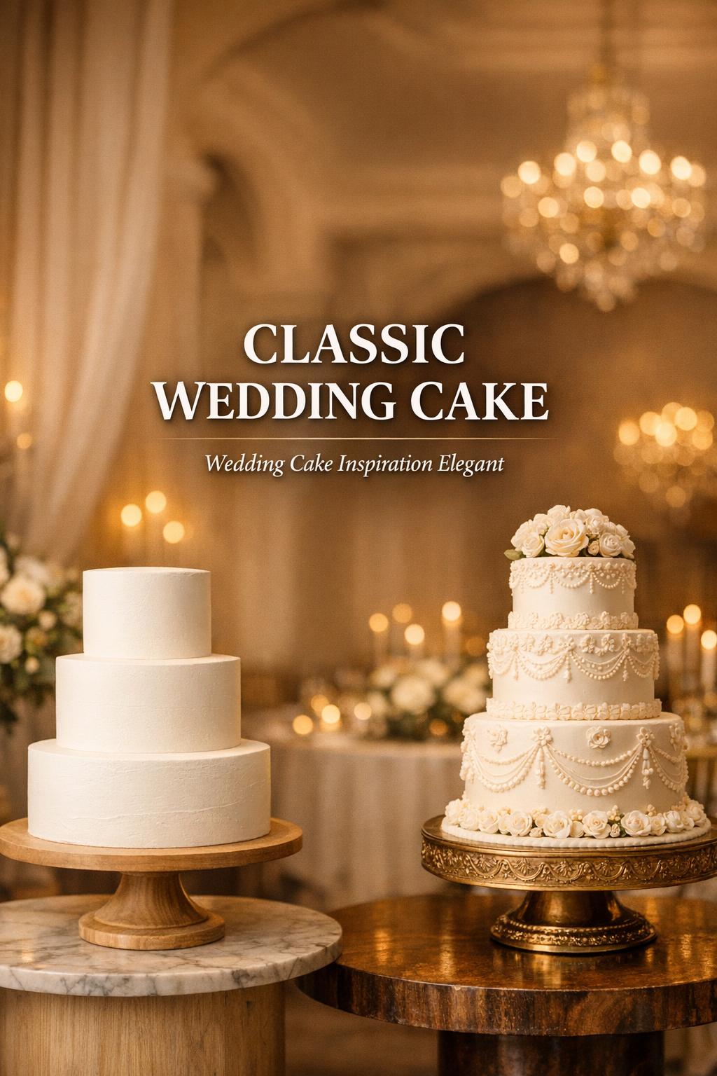 Classic wedding cake duo with modern minimalist tiers and ornate vintage piping in warm candlelit reception setting