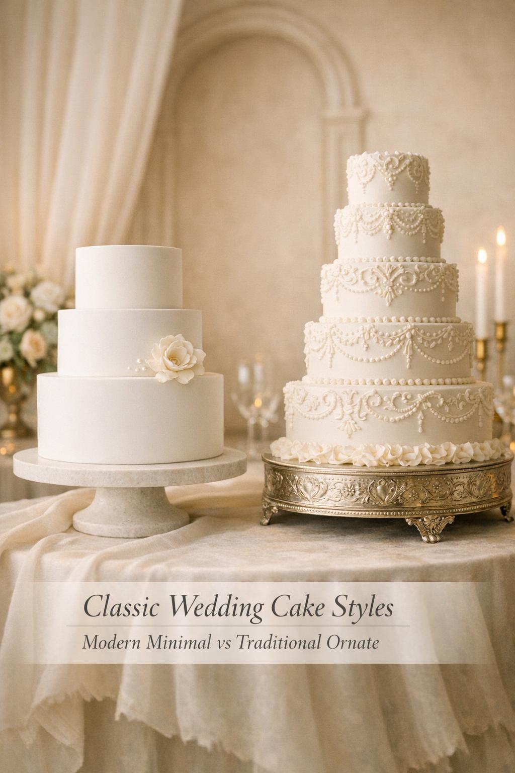 Classic wedding cake styles side by side: modern minimal white tiers and traditional ornate piped tiers in elegant reception