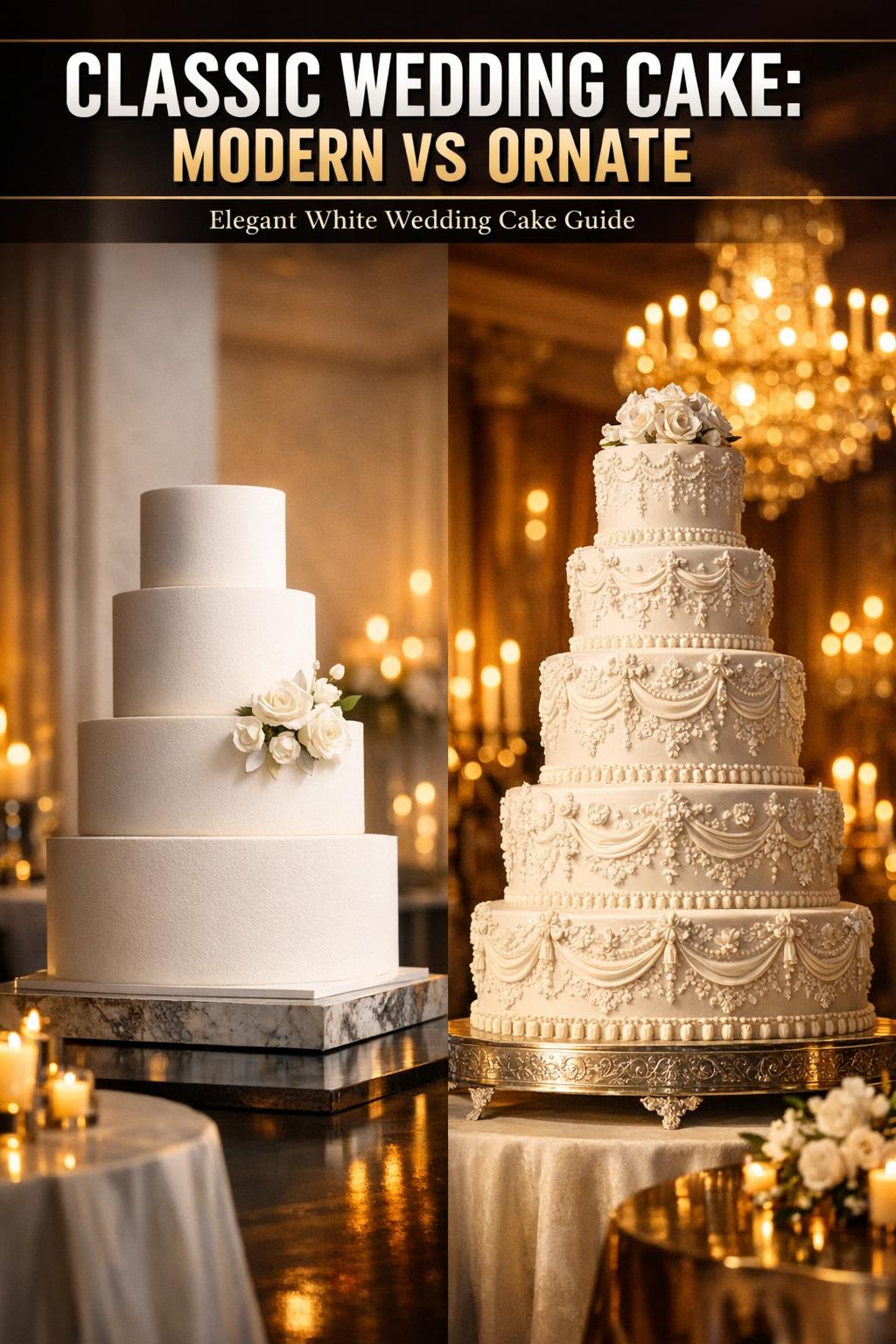 Classic wedding cake with elegant white tiers and floral details at a reception table