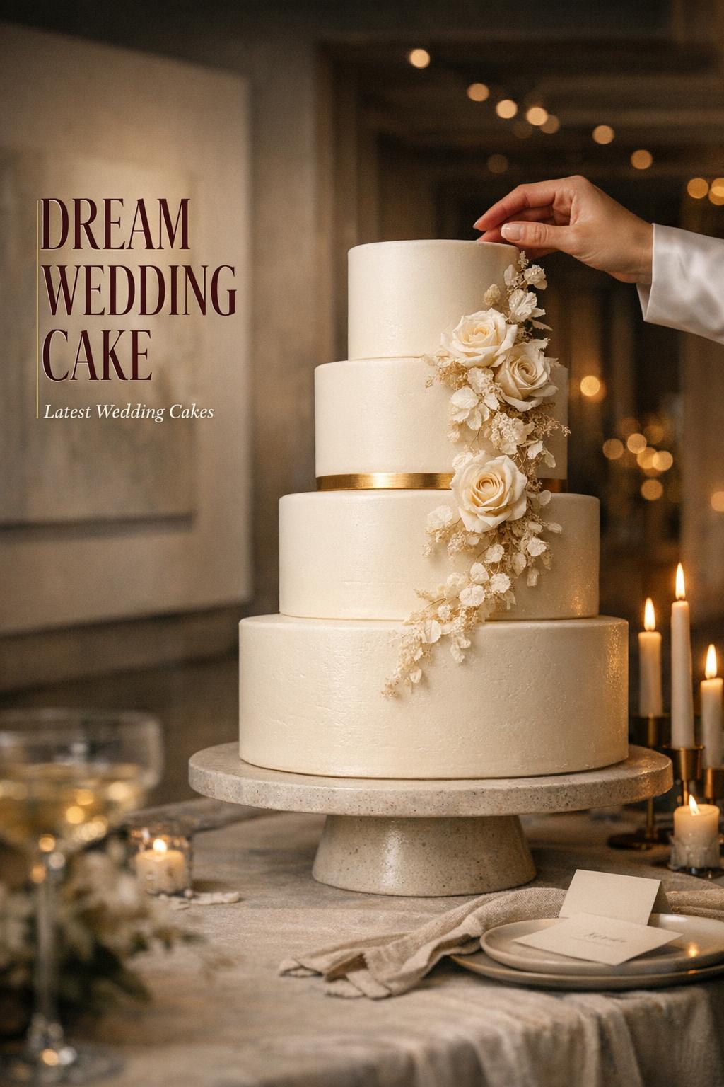 Dream wedding cake in candlelit city gallery with ivory tiers, brushed gold band and airy floral cascade, editorial style