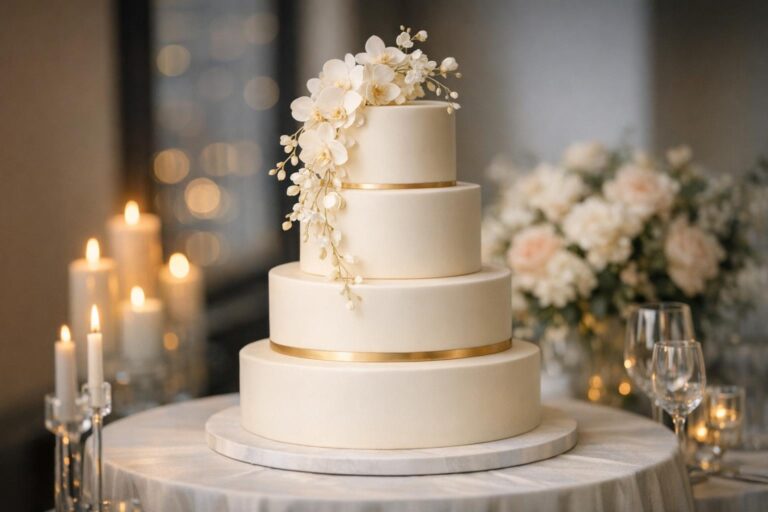 Dream wedding cake with clean modern tiers in ivory buttercream on a styled reception table