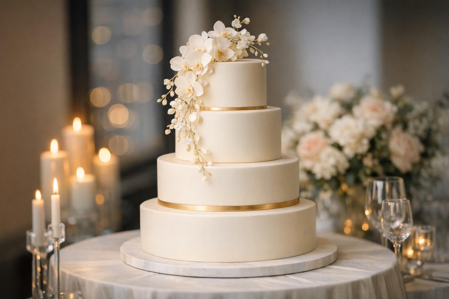Dream wedding cake with clean modern tiers in ivory buttercream on a styled reception table