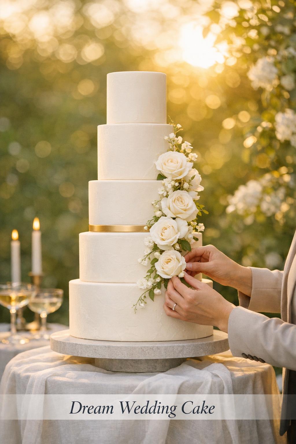 Dream wedding cake with ivory tiers and white roses at golden-hour garden reception as planner hands adjust a bloom