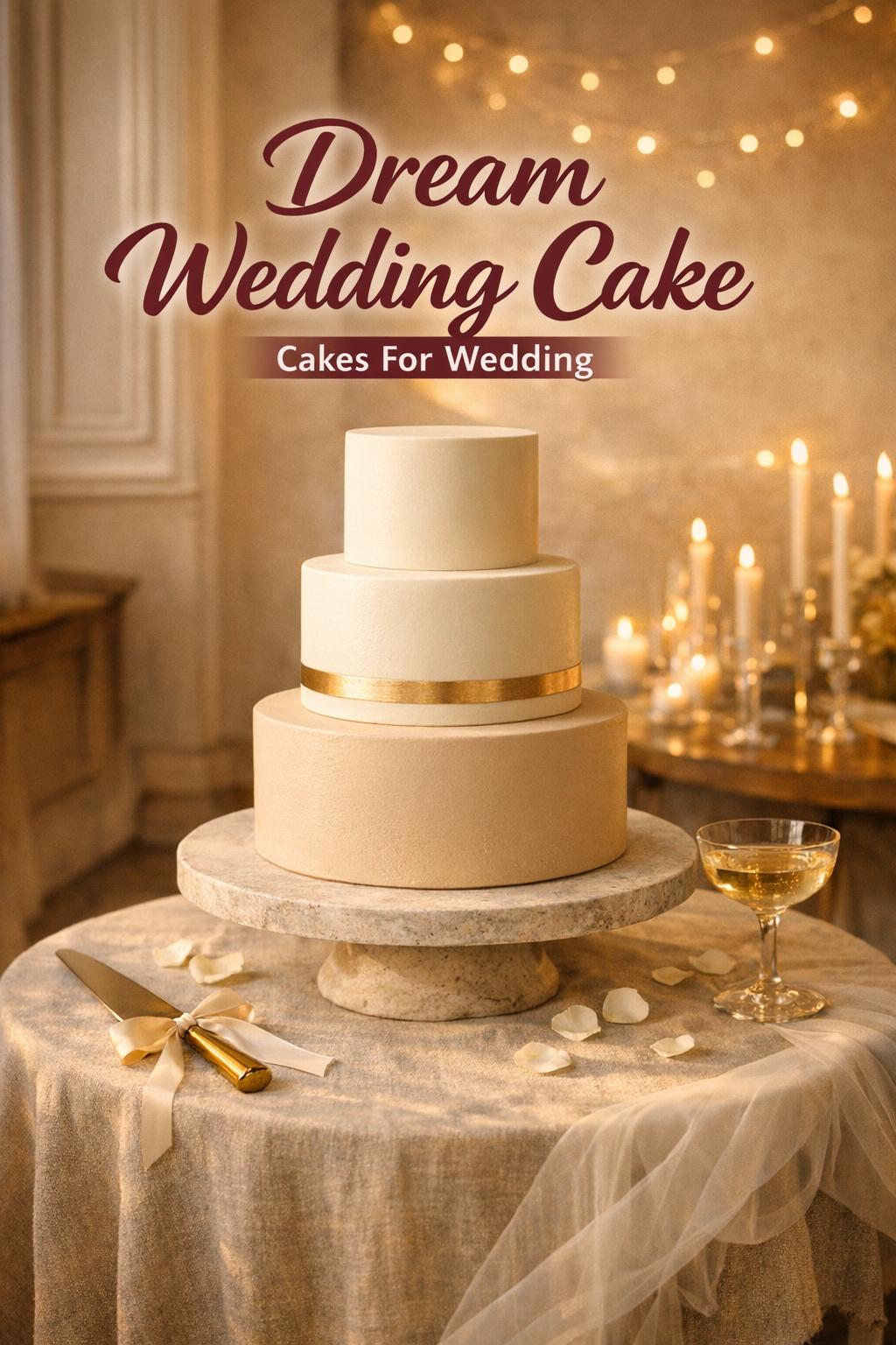 Dream wedding cake on linen pedestal table in warm golden-hour reception with candles, bokeh lights, and modern decor