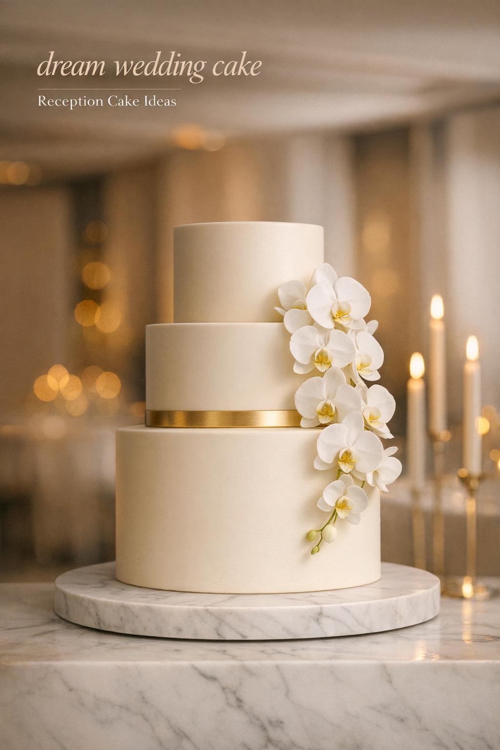 Dream wedding cake with sleek three-tier ivory fondant, muted-gold band, and airy white orchid cascade on marble plinth