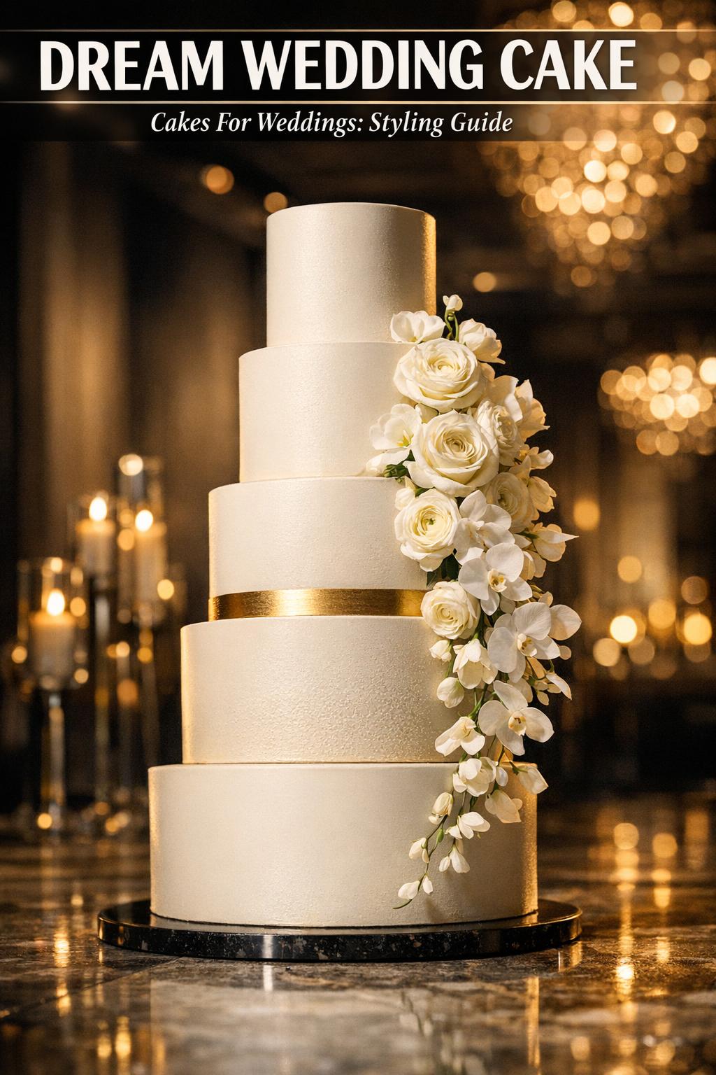 Dream wedding cake on an elegant white table with soft floral decor and romantic lighting