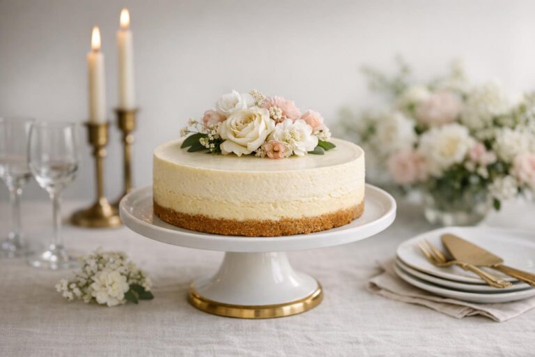 Cheesecake wedding cake on a white cake stand with edible flowers, styled for editorial wedding reception photos