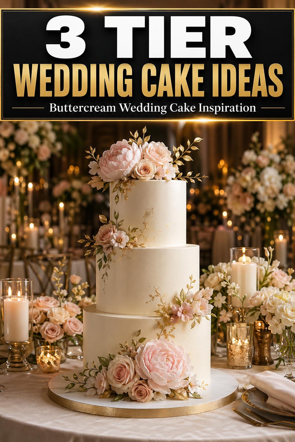 3 tier wedding cake with elegant white frosting and floral details on a reception table