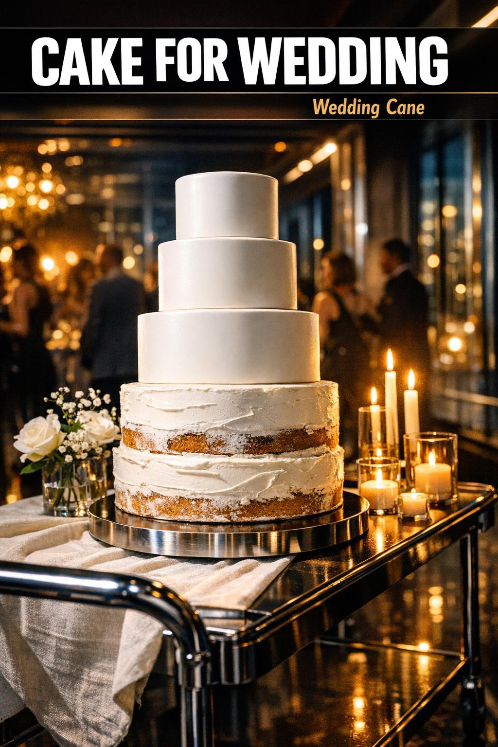 Elegant white tiered cake for wedding with floral detailing on a dessert table