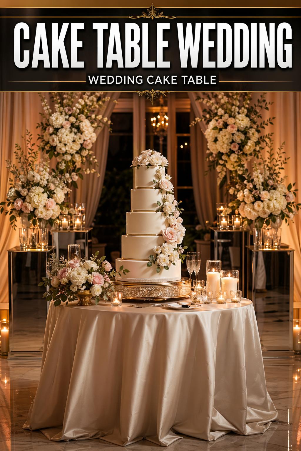 Elegant cake table wedding setup with floral decor and a tiered white cake at a romantic reception