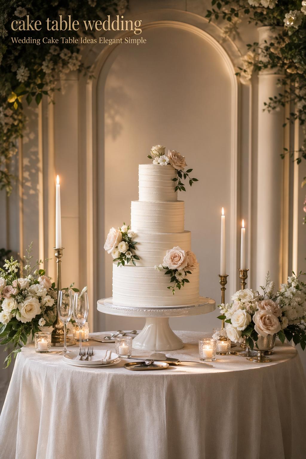 Elegant cake table wedding setup with floral accents, candles, and a luxury wedding cake in a refined reception space