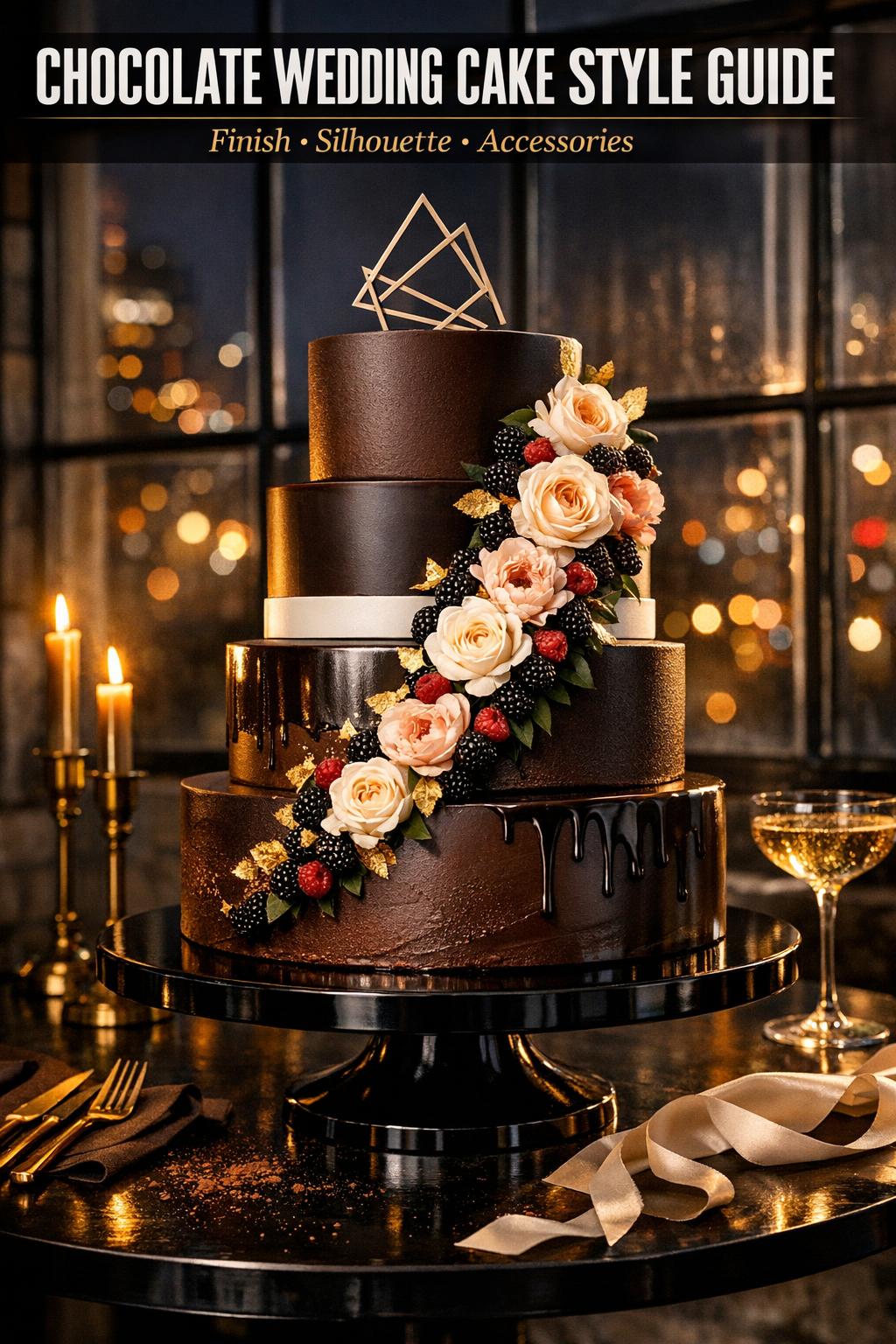 Chocolate wedding cake with elegant tiered design and floral details on a reception table