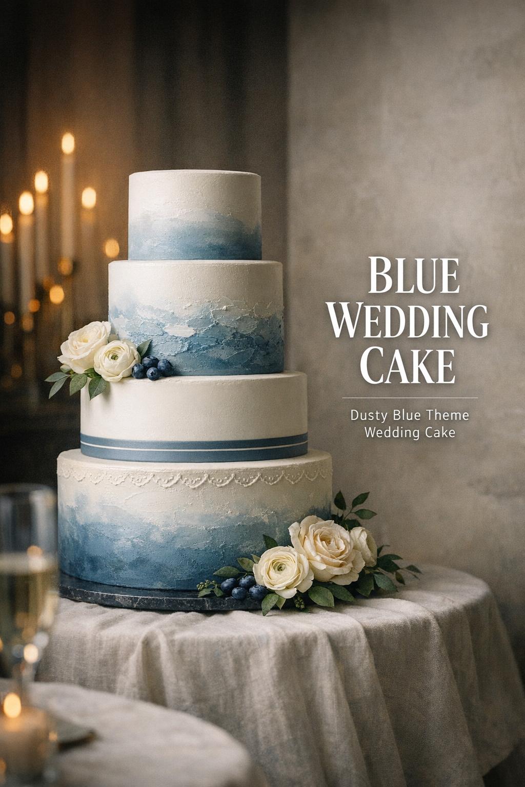 Elegant blue wedding cake with dusty blue ombré, ivory florals, and candlelit ballroom bokeh in luxury editorial photo