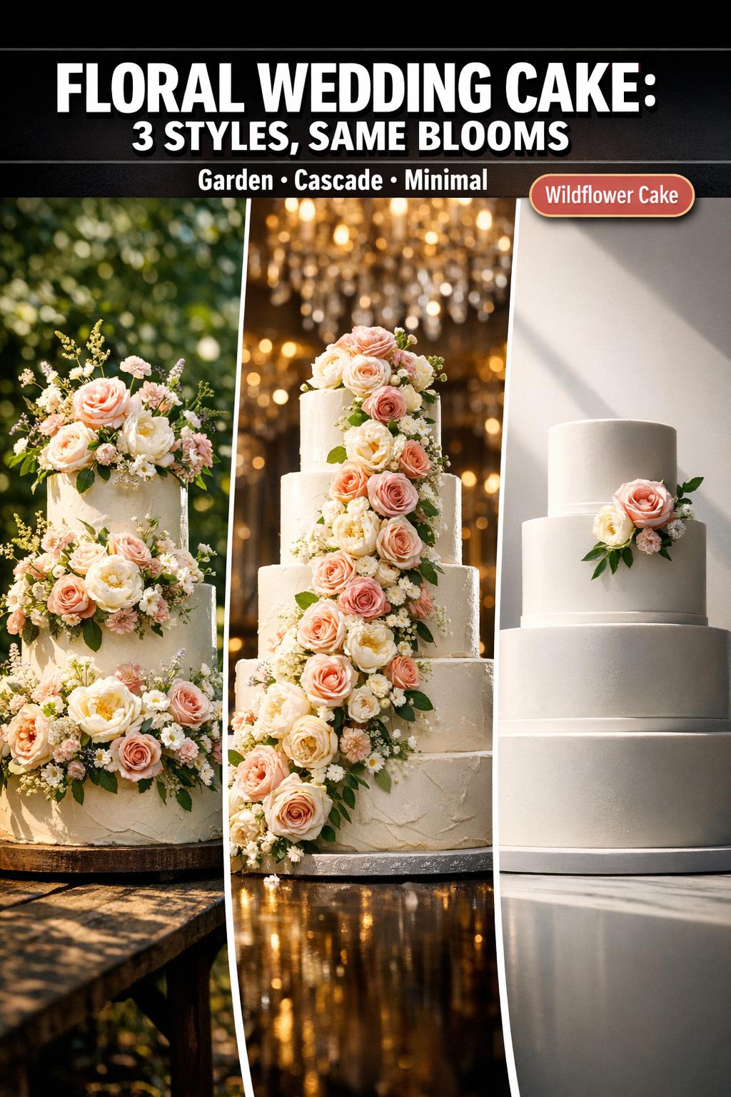Elegant floral wedding cake with fresh blooms and buttercream details on a white table