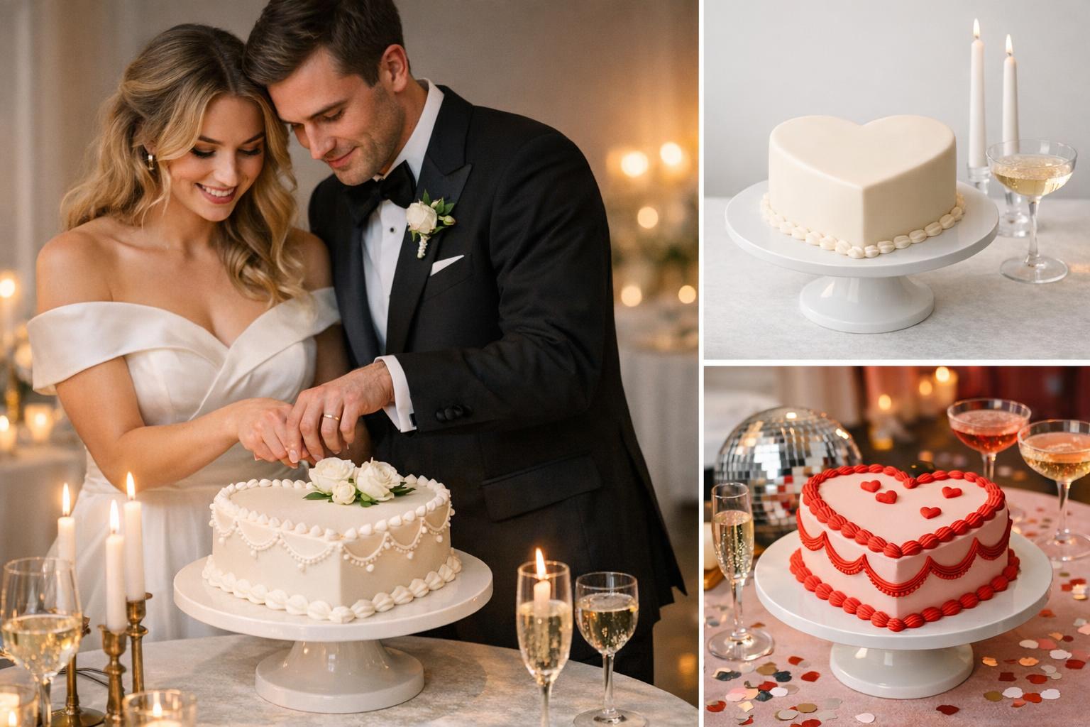 Elegant heart wedding cake with white vintage piping on a minimalist stand for an intimate modern reception