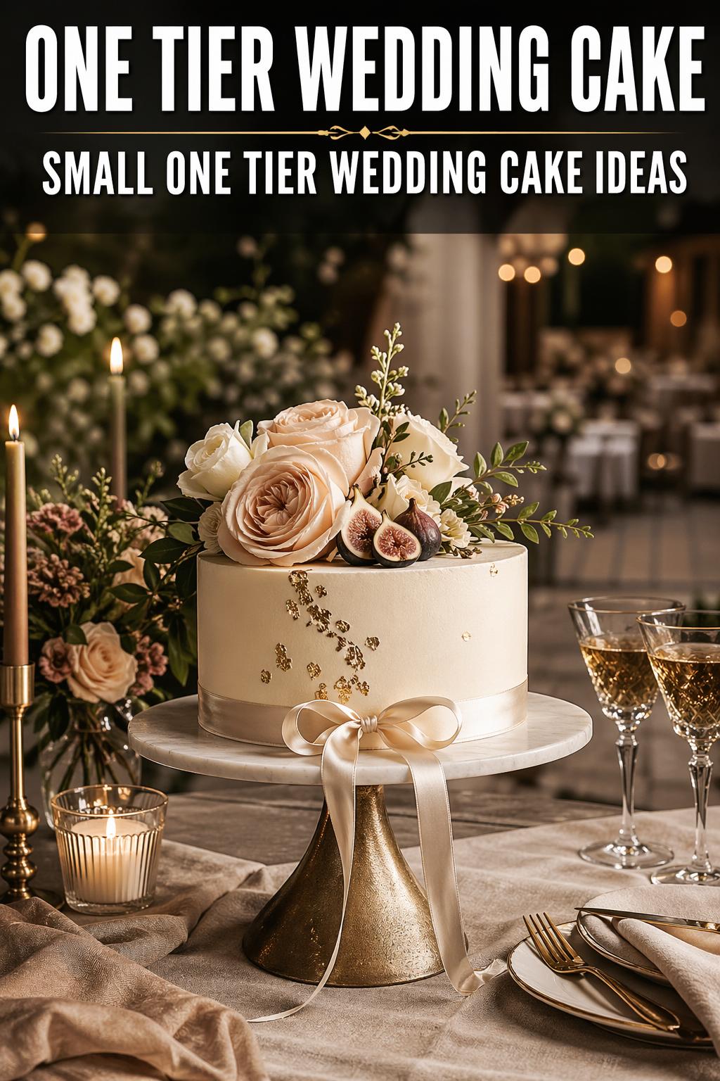 Elegant one tier wedding cake with smooth white frosting and delicate floral details