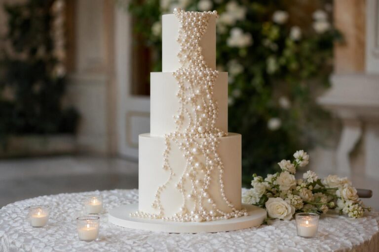Elegant pearl wedding cake with ivory tiers and delicate edible pearl detailing