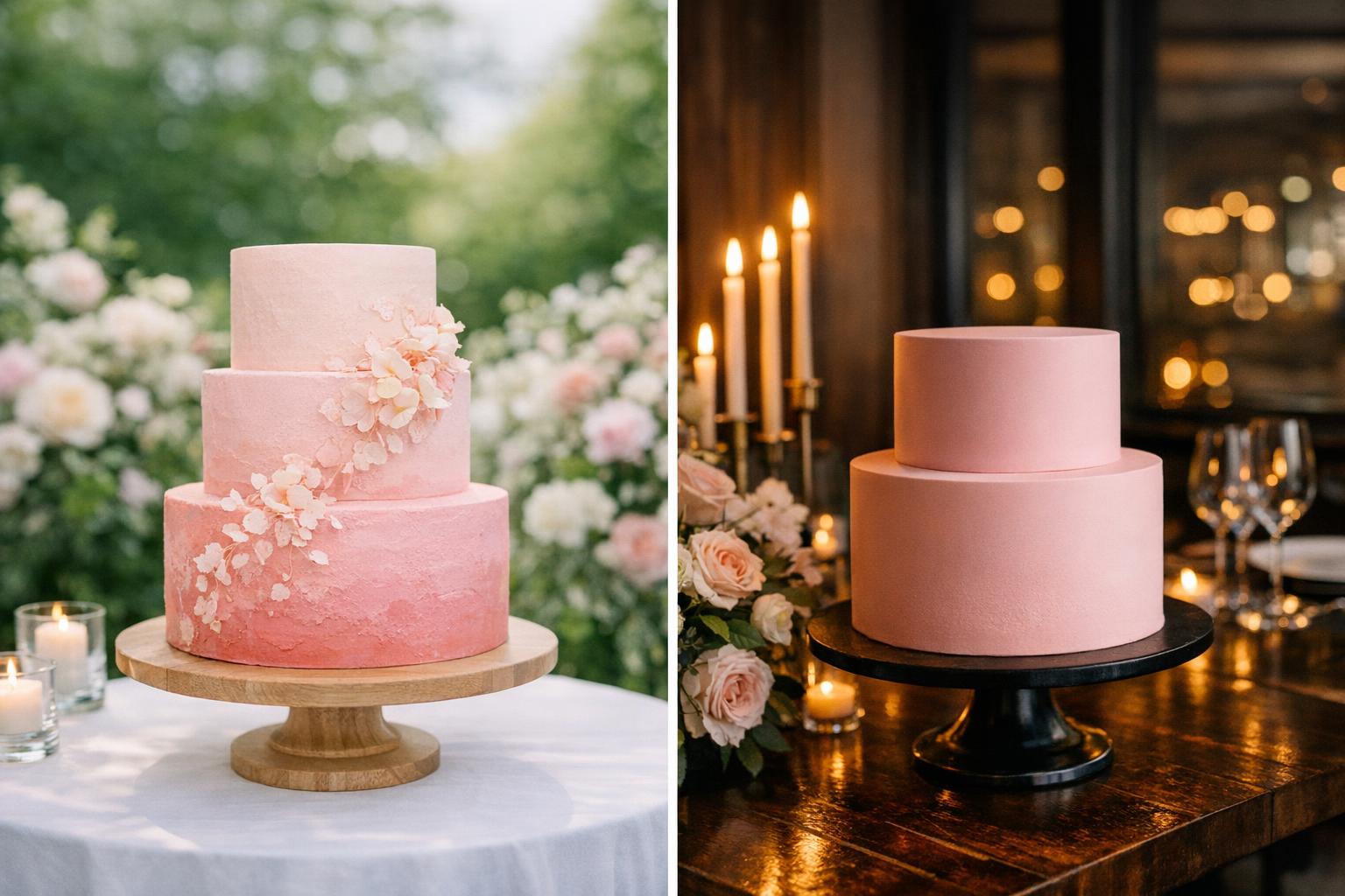 Elegant pink wedding cake with smooth tiers and soft floral styling on a modern reception table