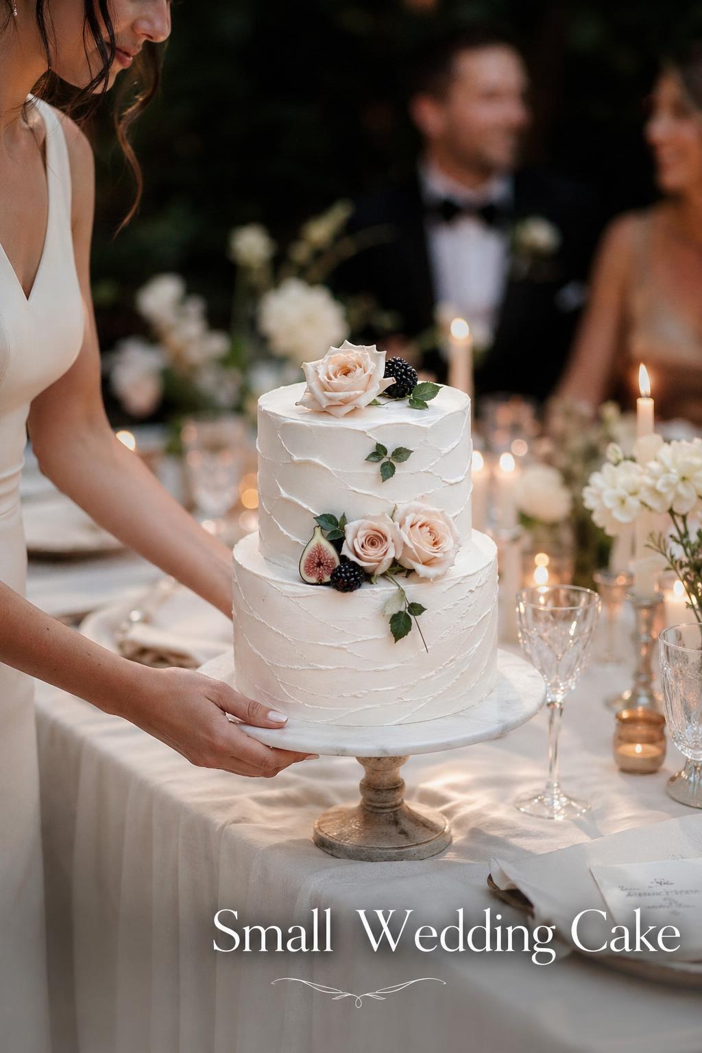 Elegant small wedding cake on a candlelit reception table with soft florals and natural light, editorial wedding photo
