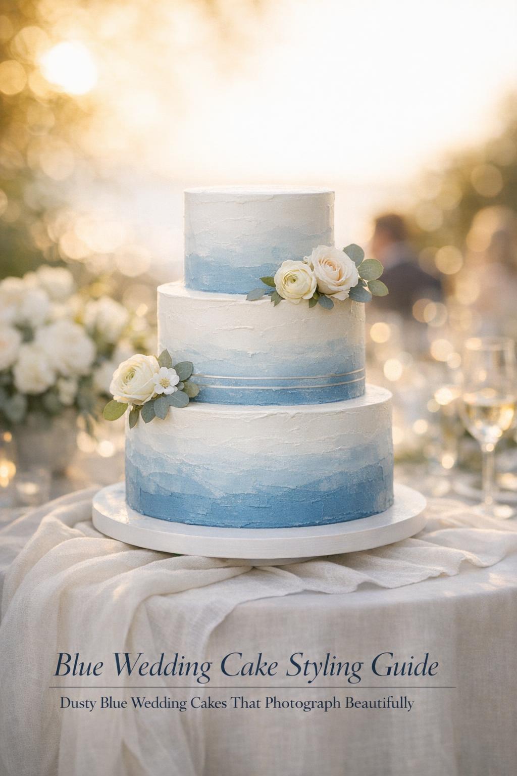 Elegant tiered blue wedding cake with dusty-blue watercolor ombré on a reception table in golden hour coastal garden light
