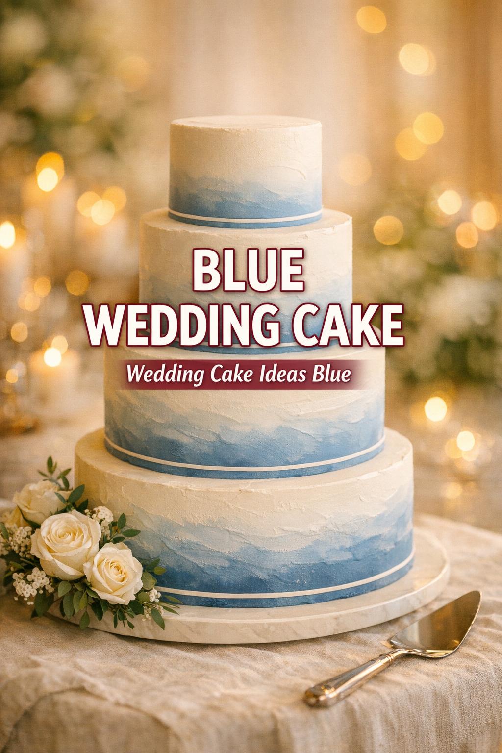 Elegant tiered blue wedding cake with ivory and dusty-blue ombré on a linen-covered dessert table in warm golden-hour light