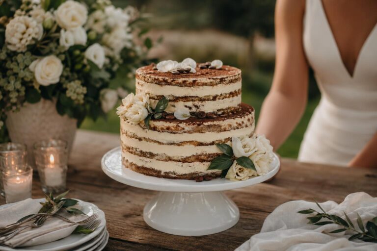 Elegant tiramisu wedding cake with cocoa dusting and mascarpone layers at a romantic reception