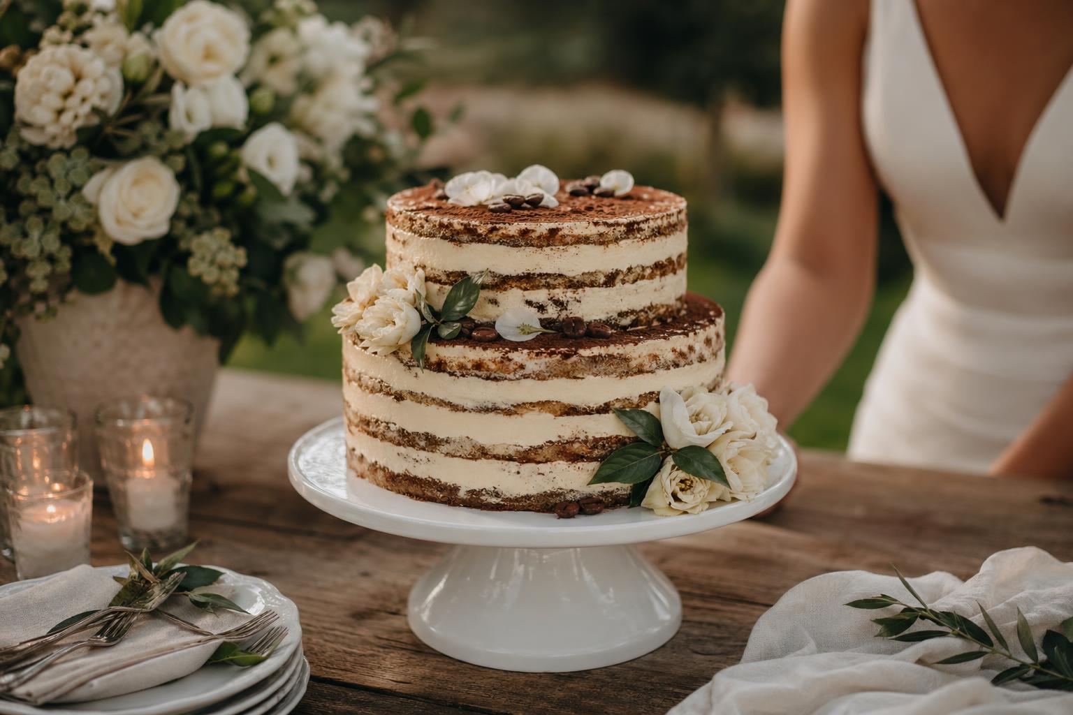 Elegant tiramisu wedding cake with cocoa dusting and mascarpone layers at a romantic reception