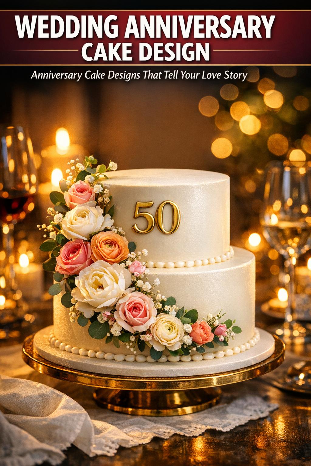 Elegant wedding anniversary cake design with floral decor and gold accents on a white table