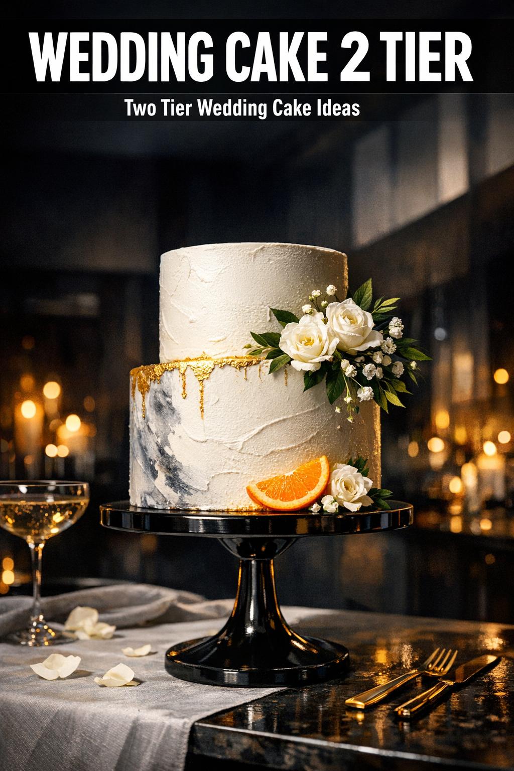 Elegant wedding cake 2 tier with white frosting and floral accents on a decorated reception table
