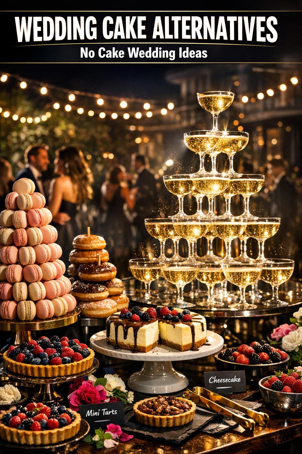 Elegant wedding cake alternatives display with assorted desserts on a styled table