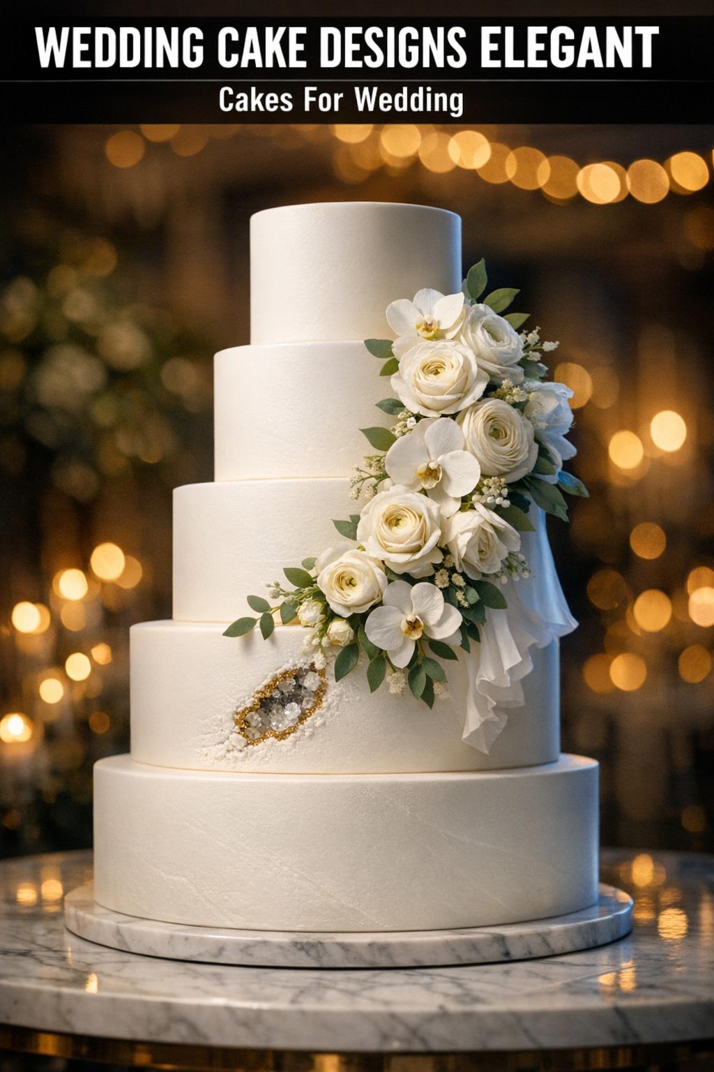 Elegant wedding cake designs with tiered white cake, floral accents, and soft romantic lighting at a reception