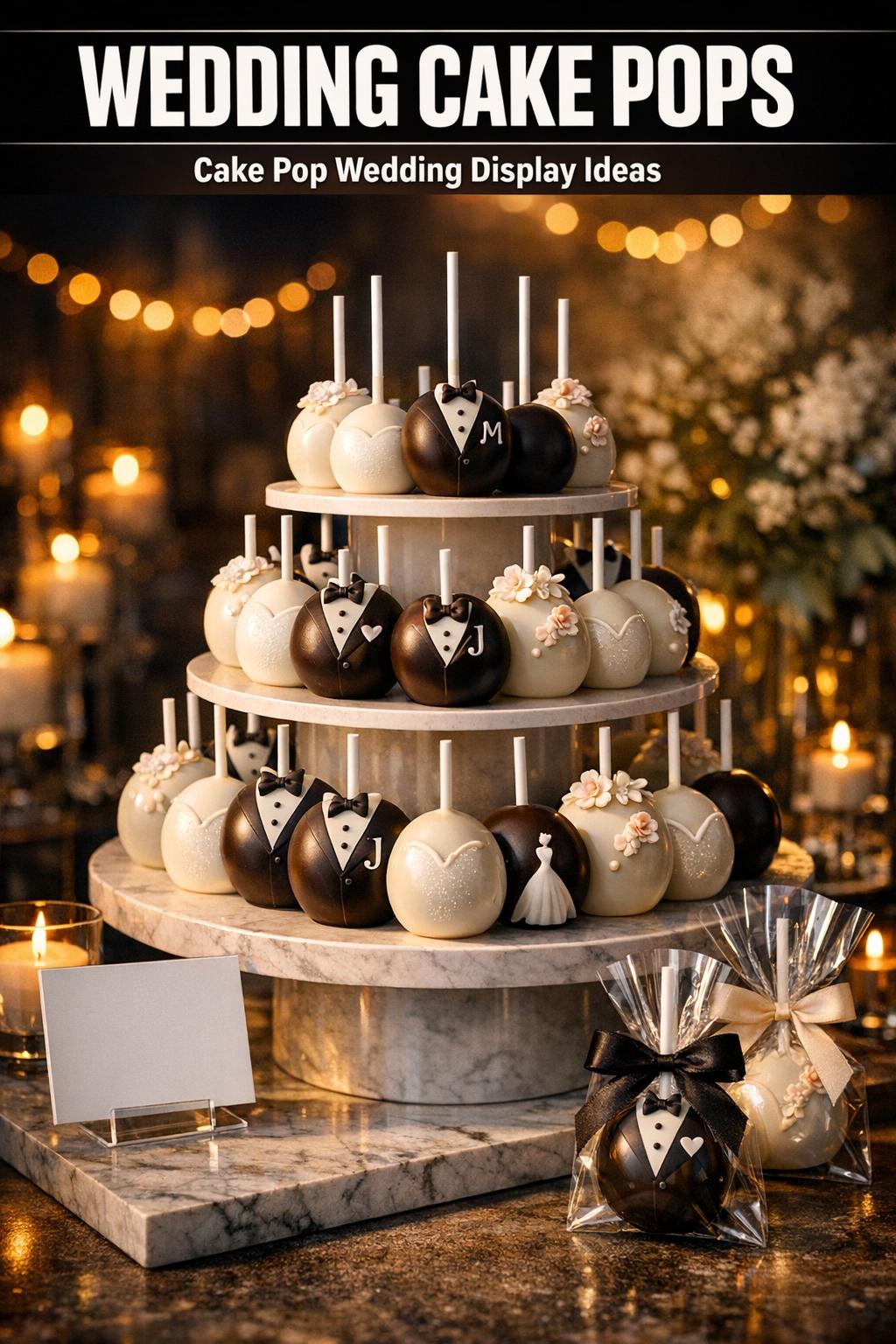 Wedding cake pops arranged on a dessert table with elegant white icing and sprinkles