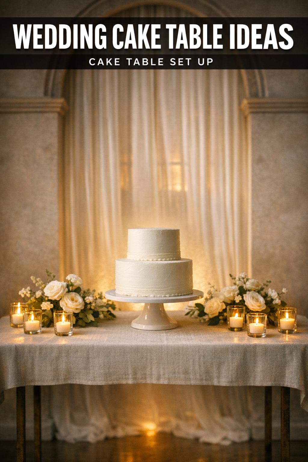 Elegant wedding cake table ideas with floral decor, candles, and a tiered cake centerpiece