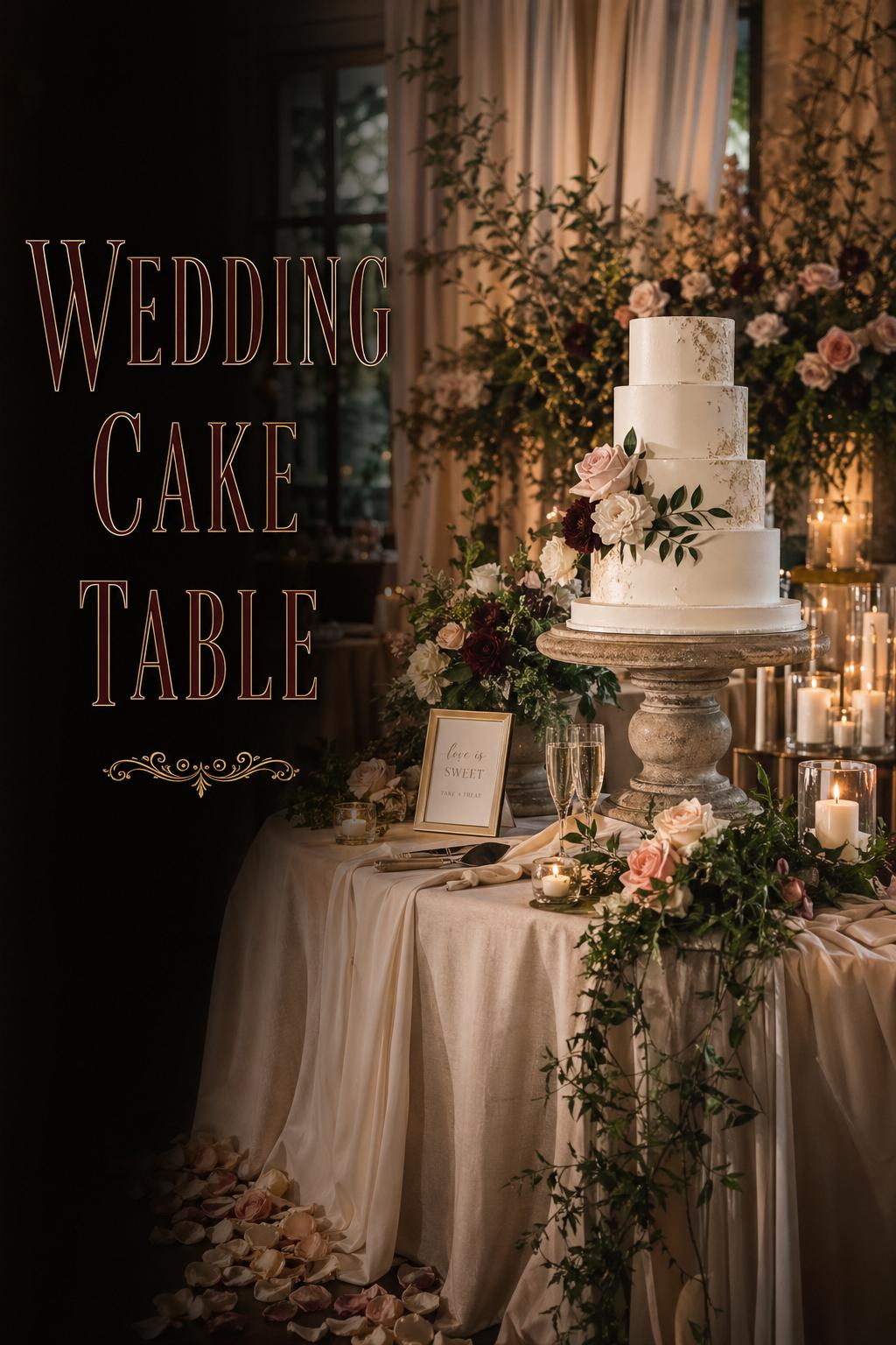 Elegant wedding cake table with tiered cake, florals, candles and greenery in a moody luxury reception setting